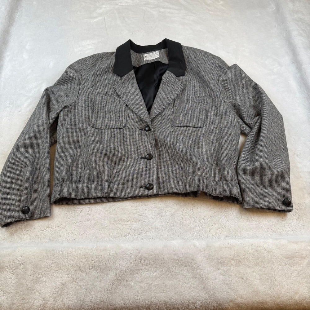 Pendleton Women Size 12 Blazer Jacket Houndstooth Wool Black Collar Blazer